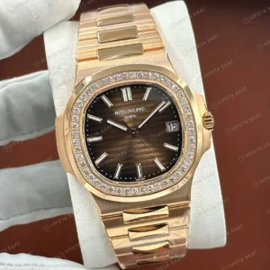 Patek Philippe 40 mm Nautilus Rose Gold Kahve Elmas Taşlı Düz Super Clone ETA Eta Saat detay 7