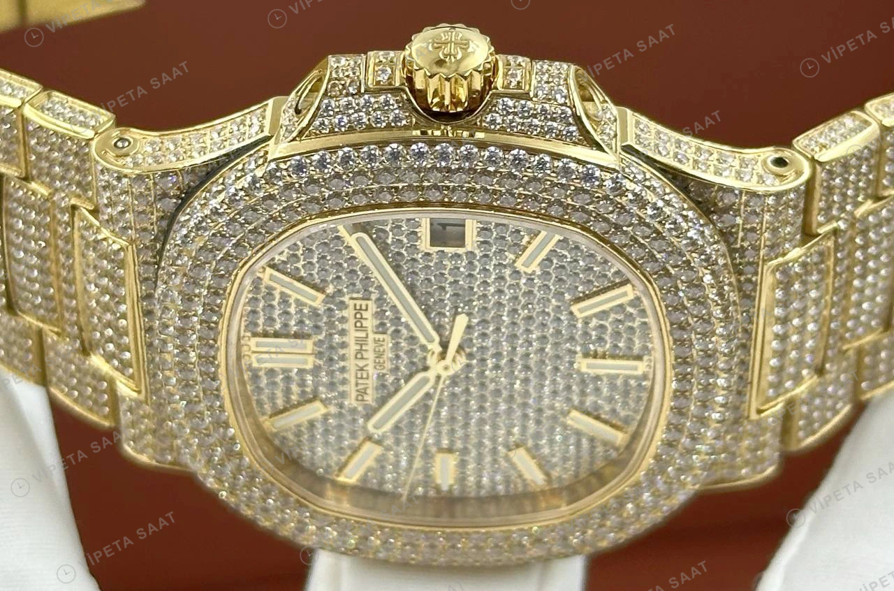 Patek Philippe 40 mm Nautilus Sarı Altın Elmas Taşlı Full Pave Super Clone ETA Eta Saat detay 3