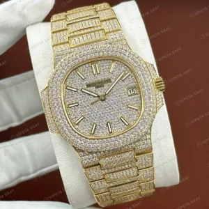 Patek Philippe 40 mm Nautilus Sarı Altın Elmas Taşlı Full Pave Super Clone ETA Eta Saat detay 6