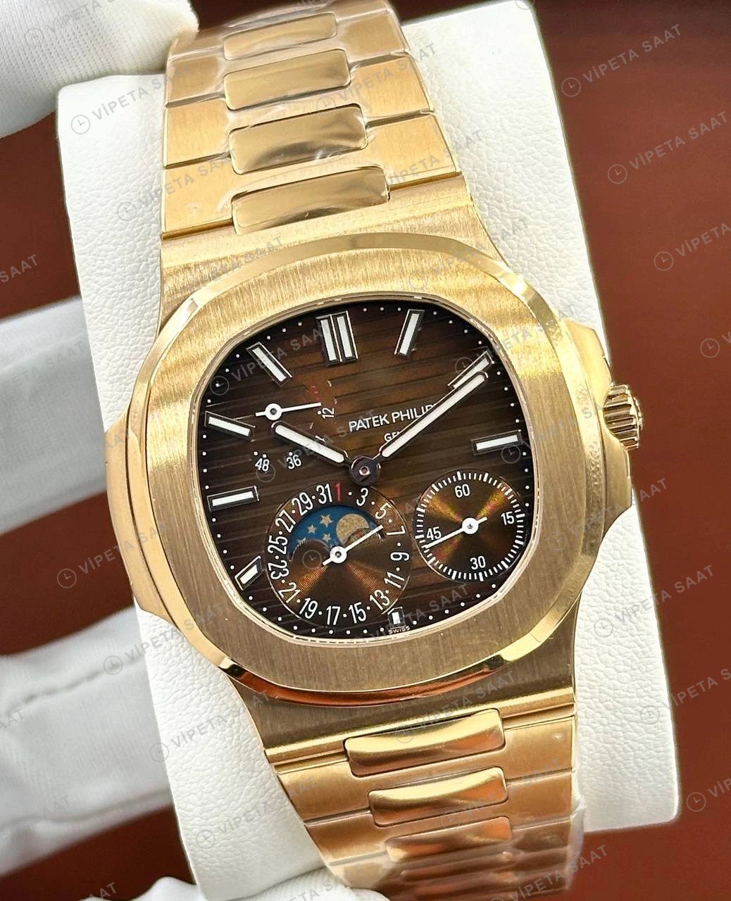 Patek Philippe 40 mm Nautilus Sarı Altın Tourbillon Kahve Super Clone ETA Eta Saat detay 6