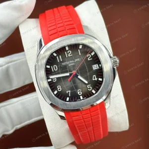 Patek Philippe Aquanaut 5167 40 mm Siyah Kadran Kırmızı Kauçuk Super Clone ETA Eta Saat karşıdan görünüm