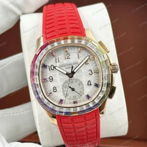 Patek Philippe Aquanaut 5968 42.2 mm Beyaz Gökkuşağı Taşlı Kırmızı Kauçuk Super Clone ETA Eta Saat detay 6