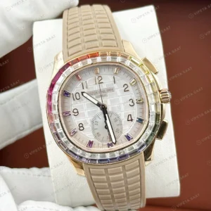 Patek Philippe Aquanaut 5968 42.2 mm Beyaz Gökkuşağı Taşlı Krem Kauçuk Super Clone ETA Eta Saat detay 6