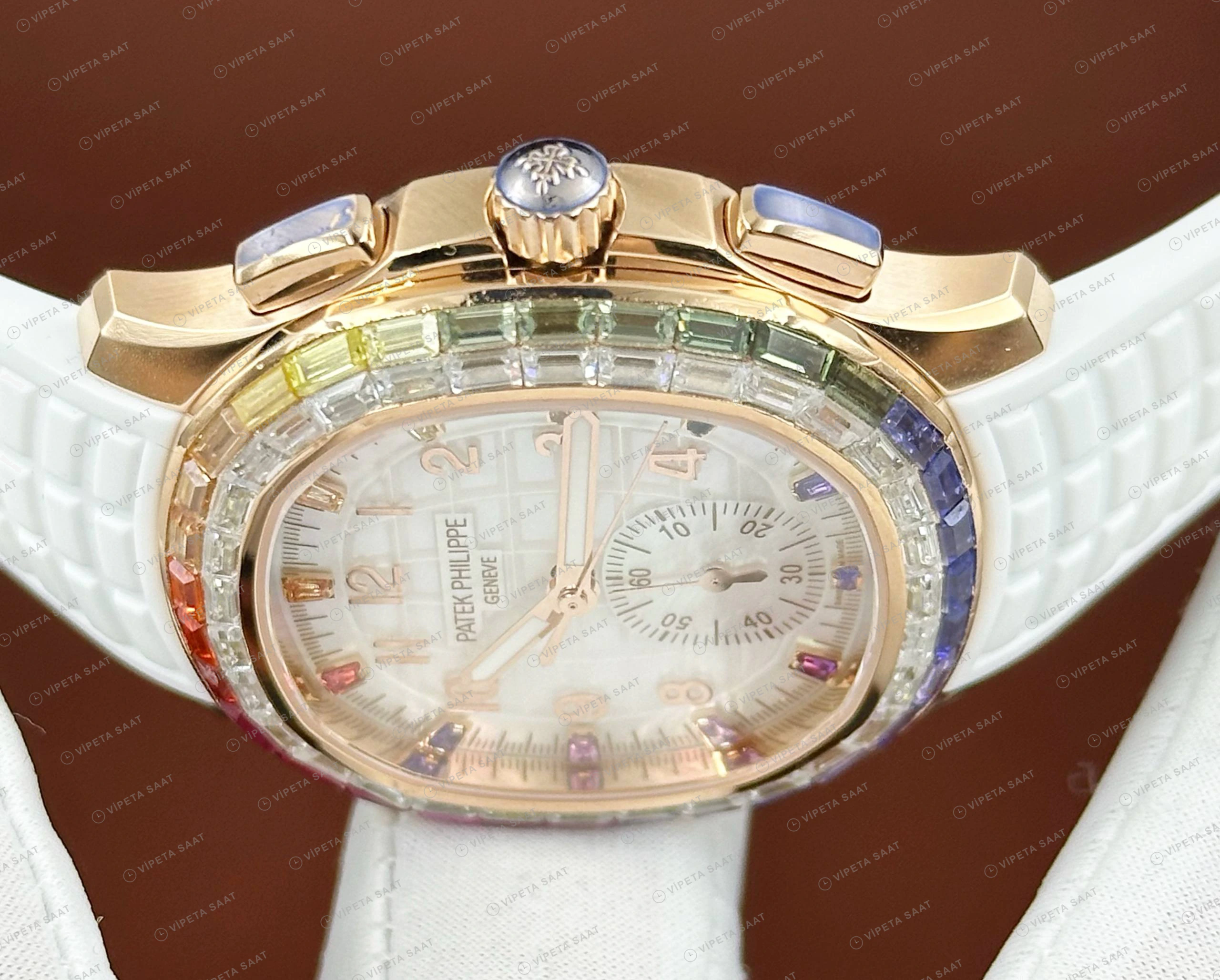 Patek Philippe Aquanaut 5968 42.2 mm Rose Beyaz Kronograf Beyaz Kauçuk Super Clone ETA Eta Saat detay 3