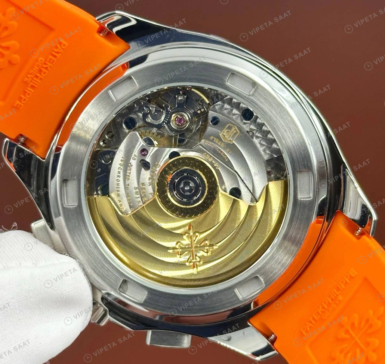 Patek Philippe Aquanaut 5968 42.2 mm Siyah Kronograf Turuncu Kauçuk Parlak Super Clone ETA Eta Saat detay 4