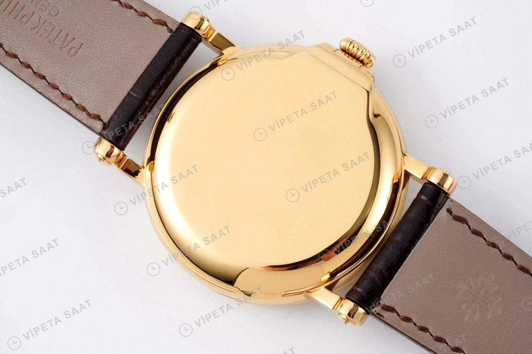 Patek Philippe Calatrava Altin Kasa Beyaz Kadran Kahverengi Deri Kordon Super Clone Eta Eta Saat detay 5