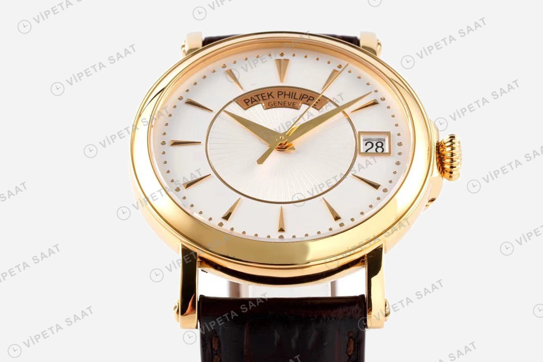 Patek Philippe Calatrava Altin Kasa Beyaz Kadran Kahverengi Deri Kordon Super Clone Eta Eta Saat detay 7