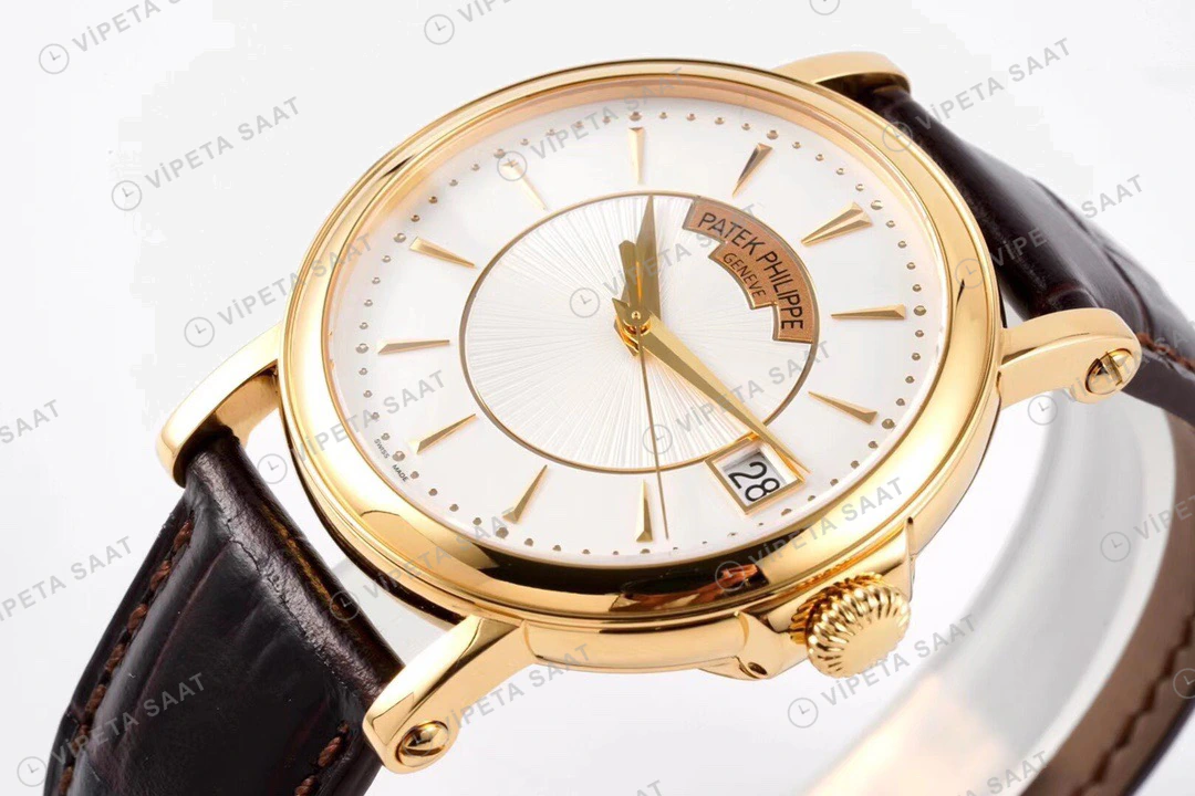 Patek Philippe Calatrava Altin Kasa Beyaz Kadran Kahverengi Deri Kordon Super Clone Eta Eta Saat detay 8