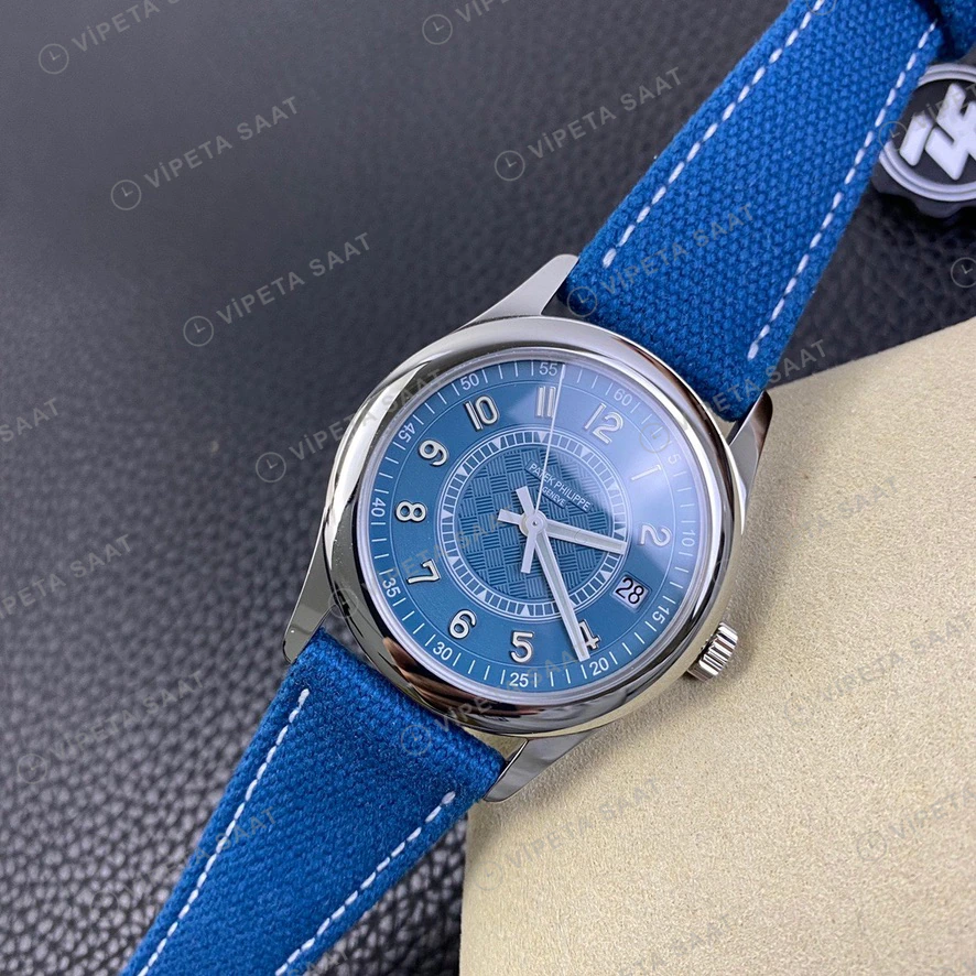 Patek Philippe Calatrava Mavi Kadran Celik Kasa Mavi Nato Kordon Super Clone Eta Eta Saat detay 5