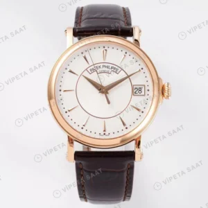 Patek Philippe Calatrava Rose Kasa Beyaz Kadran Kahverengi Deri Kordon Super Clone Eta Eta Saat yan görünüm