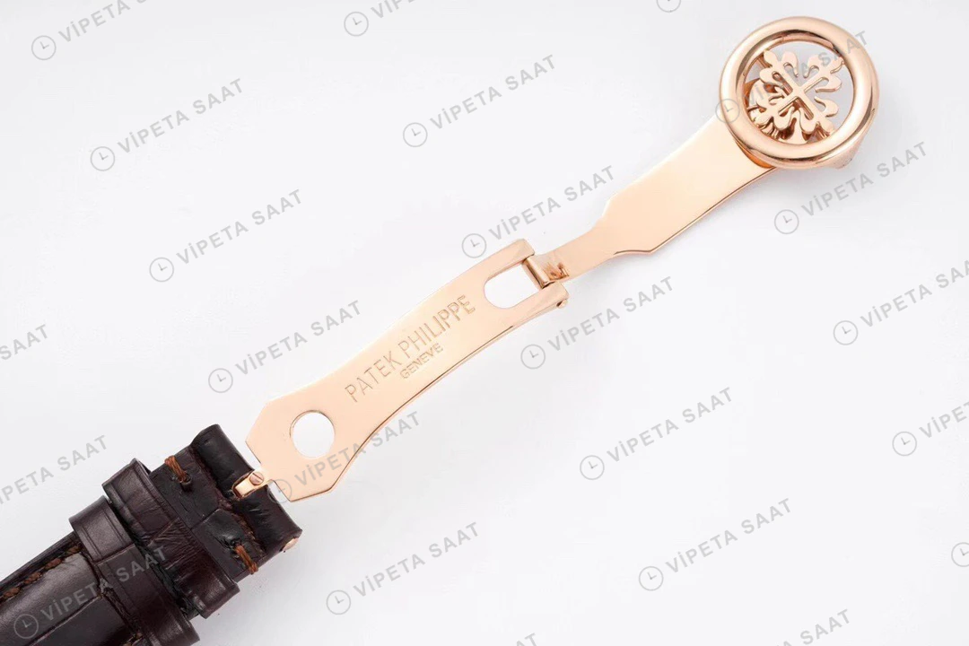 Patek Philippe Calatrava Rose Kasa Beyaz Kadran Kahverengi Deri Kordon Super Clone Eta Eta Saat detay 4