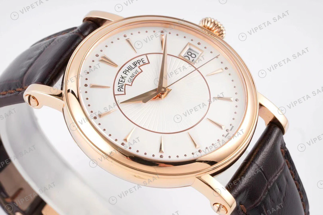 Patek Philippe Calatrava Rose Kasa Beyaz Kadran Kahverengi Deri Kordon Super Clone Eta Eta Saat detay 5