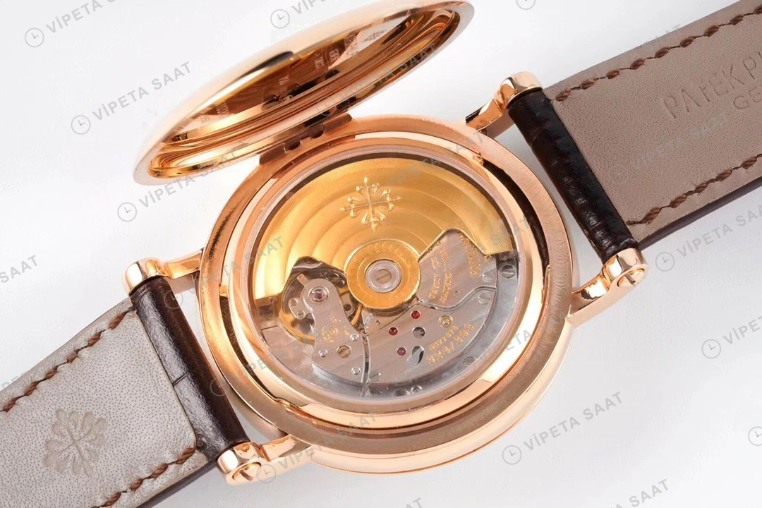 Patek Philippe Calatrava Rose Kasa Beyaz Kadran Kahverengi Deri Kordon Super Clone Eta Eta Saat detay 6