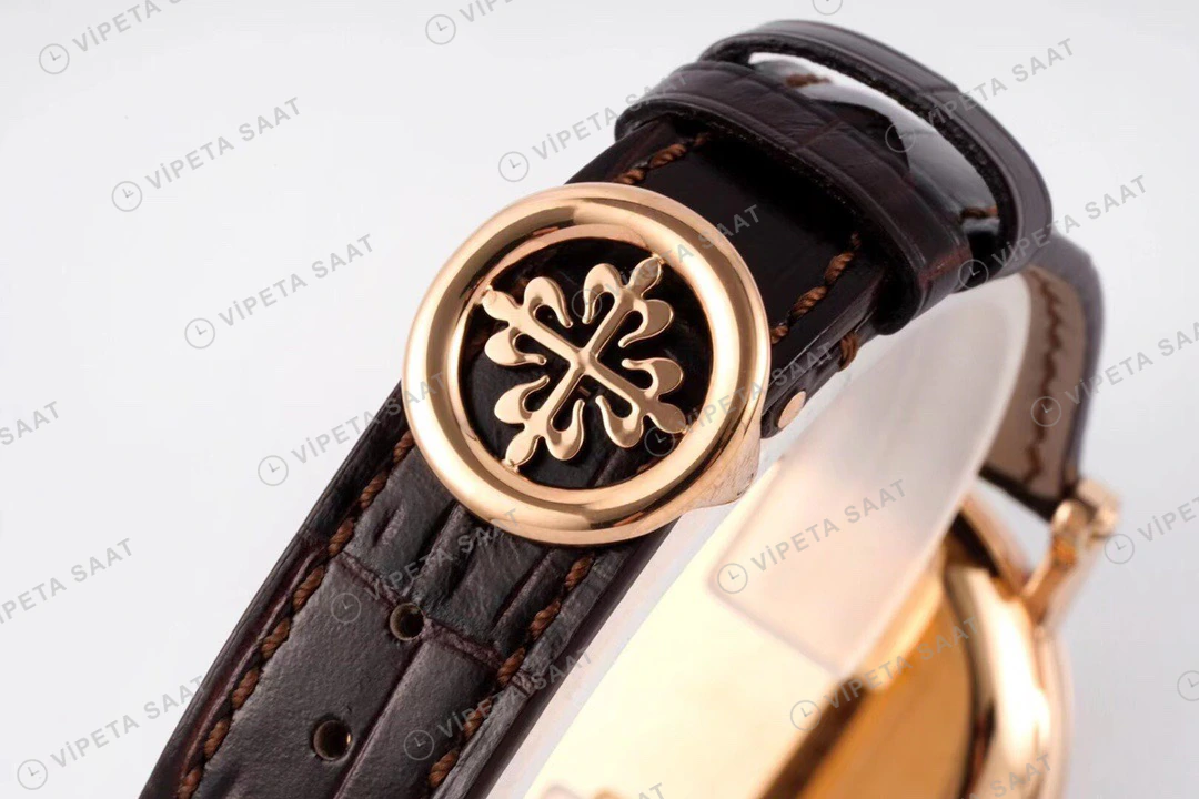 Patek Philippe Calatrava Rose Kasa Beyaz Kadran Kahverengi Deri Kordon Super Clone Eta Eta Saat detay 8
