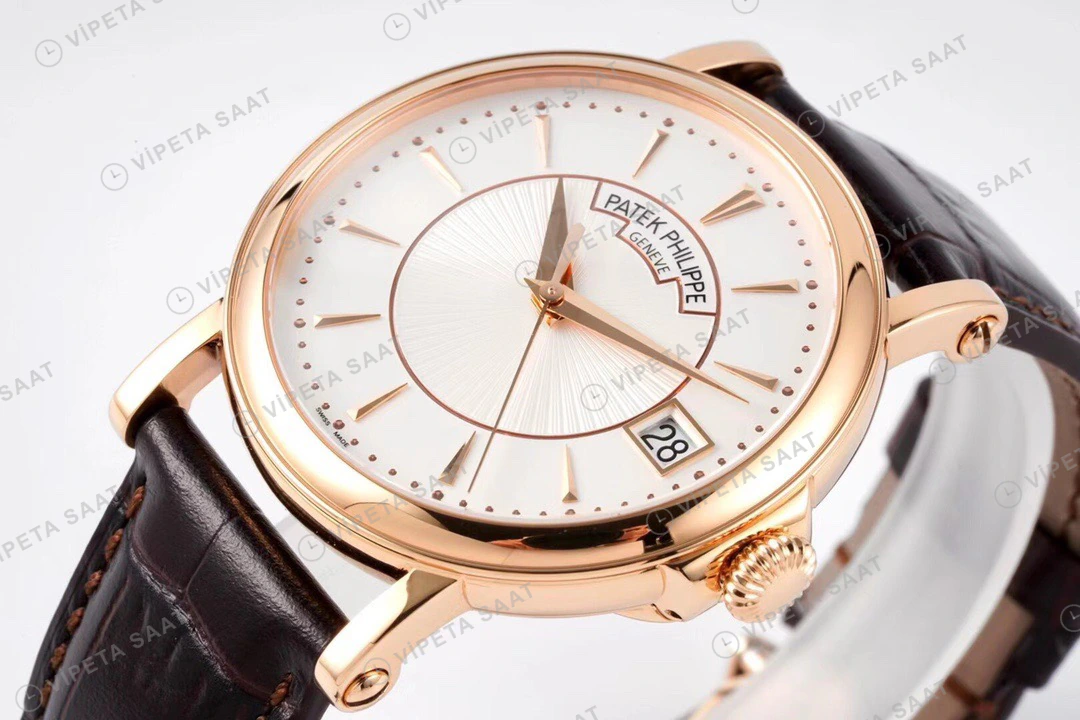 Patek Philippe Calatrava Rose Kasa Beyaz Kadran Kahverengi Deri Kordon Super Clone Eta Eta Saat detay 9