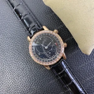 Patek Philippe Grand Complications Celestial Siyah Kadran Rose Kasa Baget Bezel Siyah Deri Kordon Super Clone Eta Eta Saat detay 3