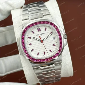 Patek Philippe Nautilus 5711 40 mm Beyaz Kadran Pembe Taşlı Bezel Super Clone ETA Eta Saat detay 4