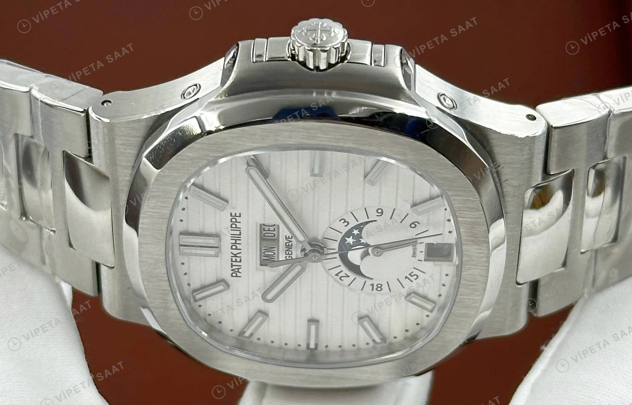 Patek Philippe Nautilus 5712 40 mm Beyaz Kadran Ay Evreli Çelik Super Clone ETA Eta Saat detay 6