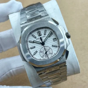 Patek Philippe Nautilus 5980 40.5 mm Beyaz Kronograf Elmas Taşlı Bezel Super Clone ETA Eta Saat detay 4