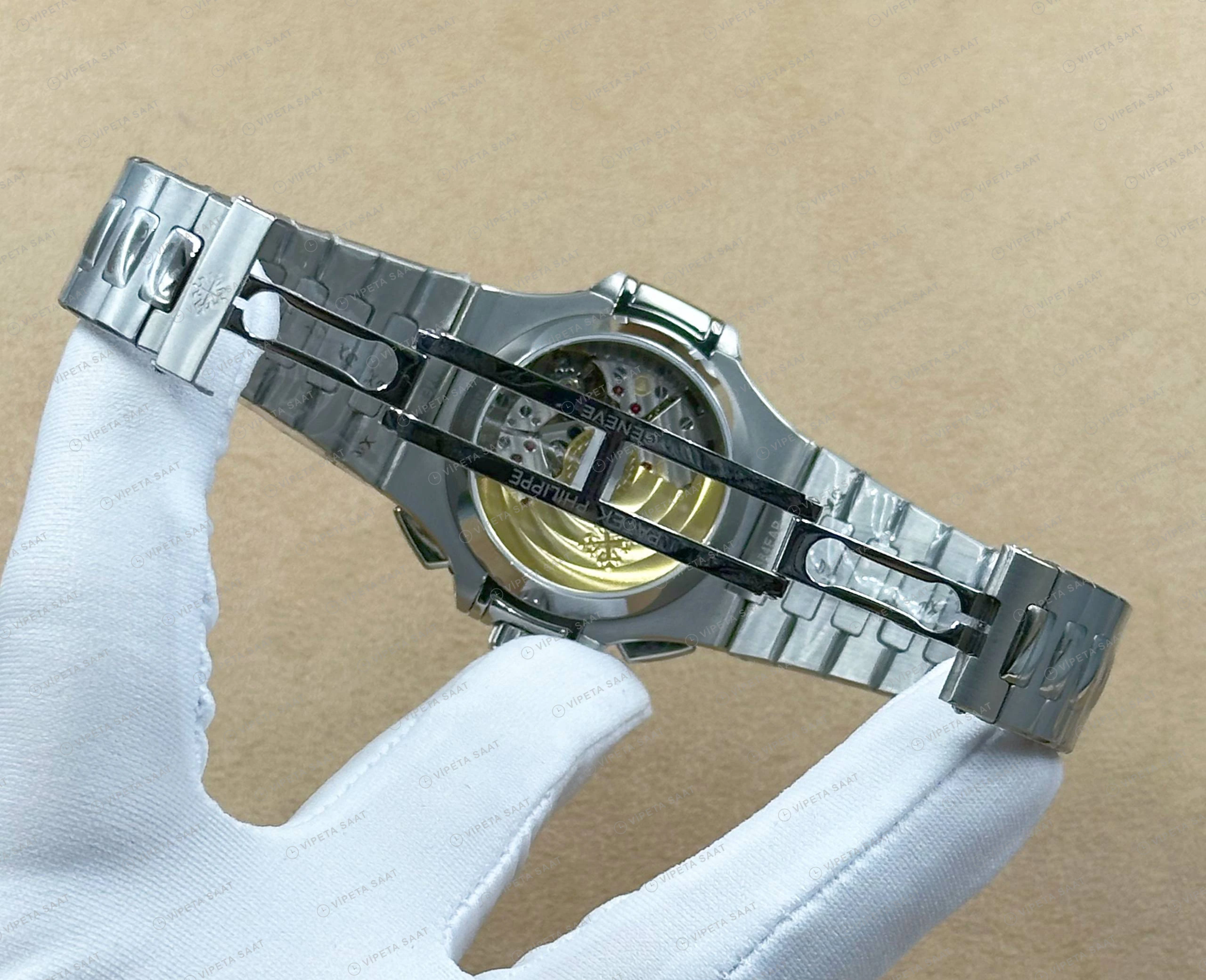 Patek Philippe Nautilus 5980 40.5 mm Beyaz Kronograf Elmas Taşlı Bezel Super Clone ETA Eta Saat detay 6