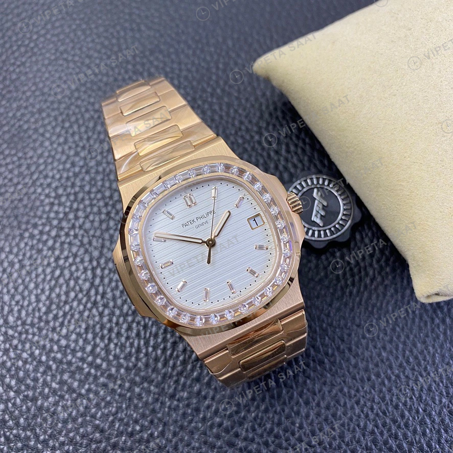 Patek Philippe Nautilus Beyaz Kadran Rose Kasa Baget Bezel Celik Kordon Super Clone Eta Eta Saat detay 6
