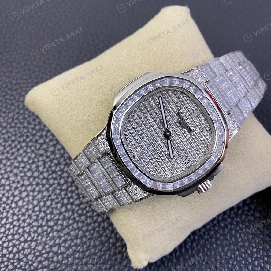 Patek Philippe Nautilus Iskelet Tasli Kadran Baget Bezel Celik Kordon Super Clone Eta Eta Saat detay 7