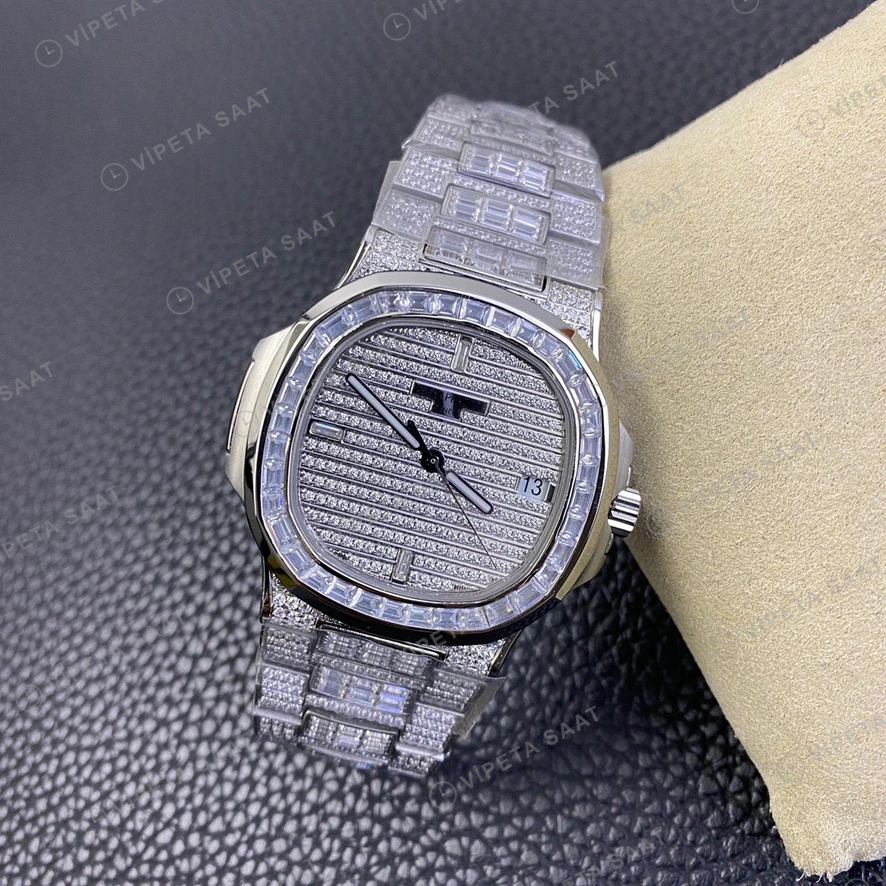 Patek Philippe Nautilus Iskelet Tasli Kadran Baget Bezel Celik Kordon Super Clone Eta Eta Saat detay 8