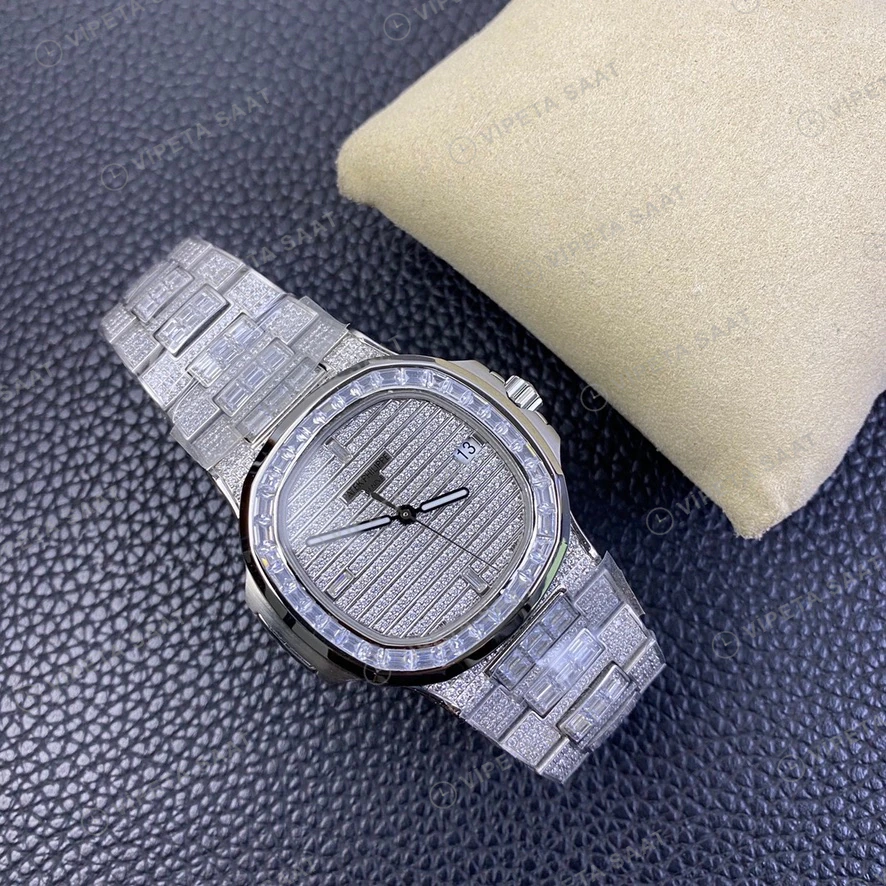 Patek Philippe Nautilus Iskelet Tasli Kadran Baget Bezel Celik Kordon Super Clone Eta Eta Saat detay 9