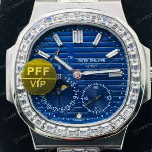 Patek Philippe Nautilus Mavi Kadran Baget Bezel Siyah Deri Super Clone Eta Eta Saat karşıdan görünüm