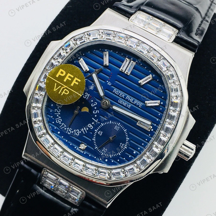 Patek Philippe Nautilus Mavi Kadran Baget Bezel Siyah Deri Super Clone Eta Eta Saat detay 3