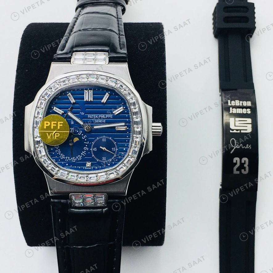 Patek Philippe Nautilus Mavi Kadran Baget Bezel Siyah Deri Super Clone Eta Eta Saat detay 4