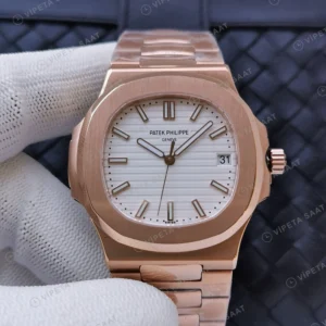 Patek Philippe Nautilus Rose Kasa Beyaz Kadran Celik Kordon Super Clone Eta Eta Saat karşıdan görünüm