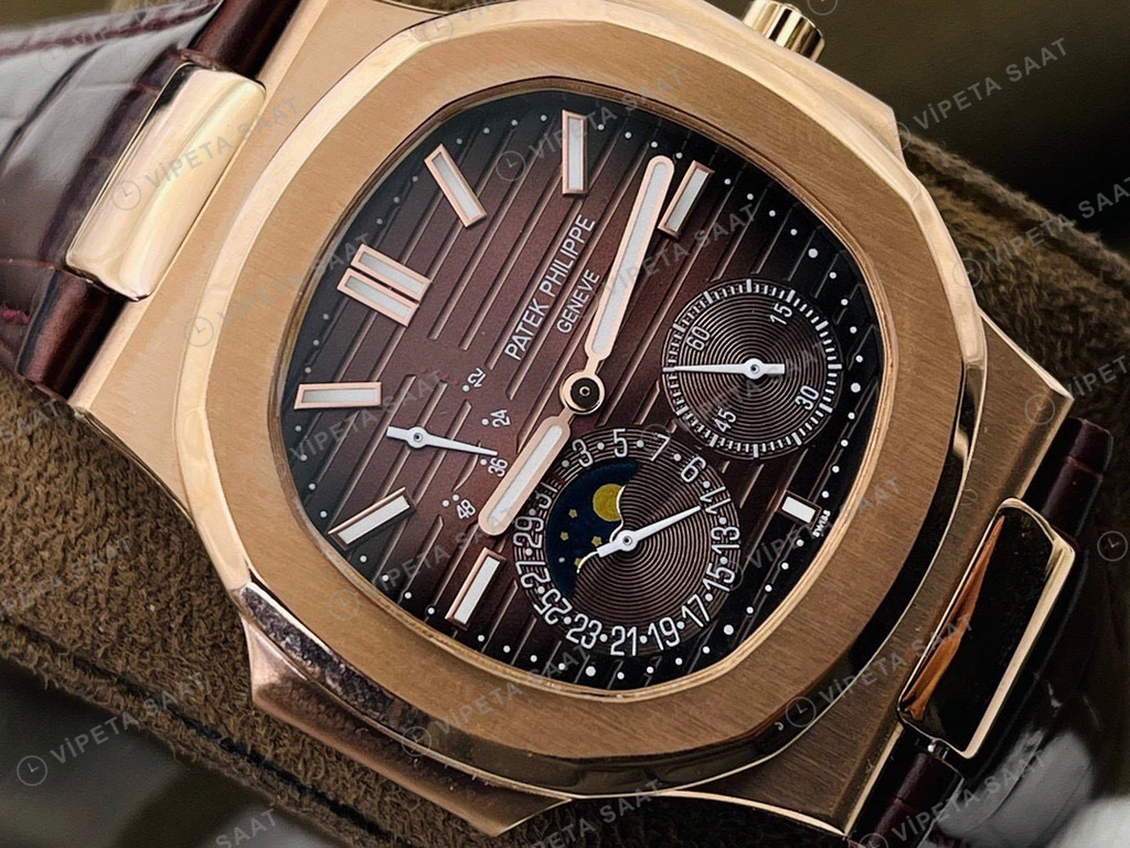 Patek Philippe Nautilus Rose Kasa Kahverengi Kadran Kahverengi Deri Super Clone Eta Eta Saat detay 4