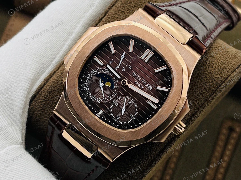Patek Philippe Nautilus Rose Kasa Kahverengi Kadran Kahverengi Deri Super Clone Eta Eta Saat detay 6