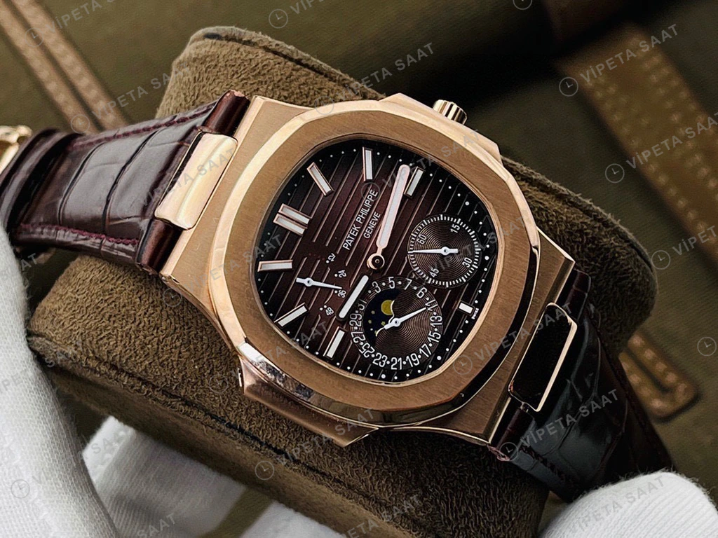 Patek Philippe Nautilus Rose Kasa Kahverengi Kadran Kahverengi Deri Super Clone Eta Eta Saat detay 7