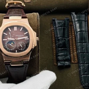 Patek Philippe Nautilus Rose Kasa Kahverengi Kadran Kahverengi Deri Super Clone Eta Eta Saat detay 8