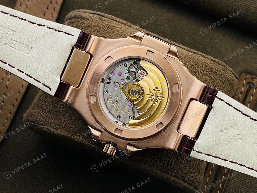 Patek Philippe Nautilus Rose Kasa Kahverengi Kadran Kahverengi Deri Super Clone Eta Eta Saat detay 9