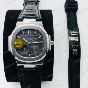 Patek Philippe Nautilus Siyah Kadran Siyah Deri Super Clone Eta Eta Saat karşıdan görünüm