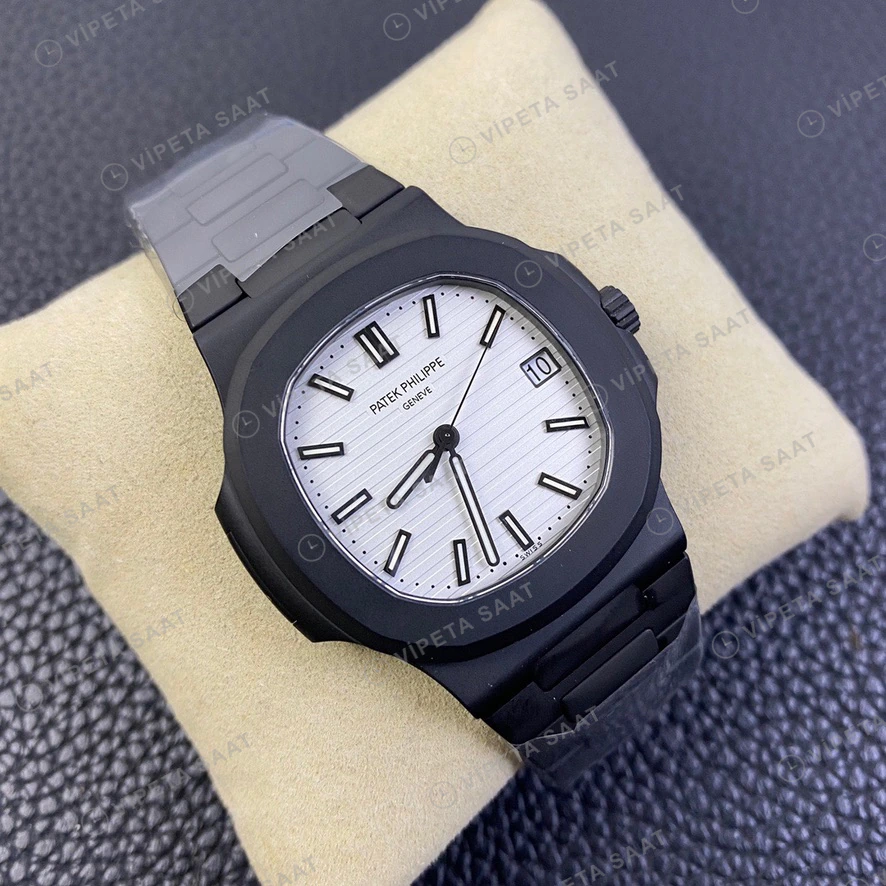 Patek Philippe Nautilus Siyah Kasa Beyaz Kadran Siyah Celik Kordon Super Clone Eta Eta Saat detay 7
