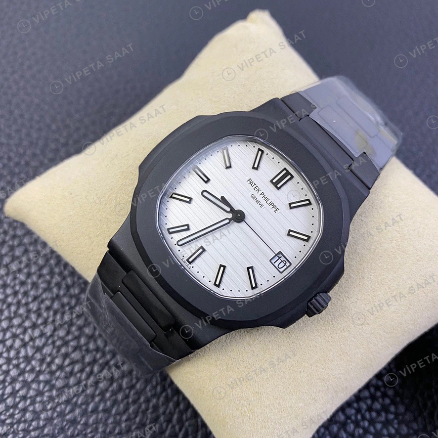 Patek Philippe Nautilus Siyah Kasa Beyaz Kadran Siyah Celik Kordon Super Clone Eta Eta Saat detay 8