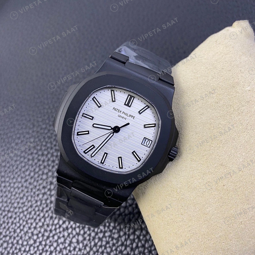 Patek Philippe Nautilus Siyah Kasa Beyaz Kadran Siyah Celik Kordon Super Clone Eta Eta Saat detay 9