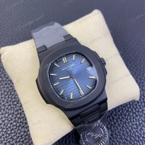 Patek Philippe Nautilus Siyah Kasa Mavi Kadran Siyah Celik Kordon Super Clone Eta Eta Saat karşıdan görünüm