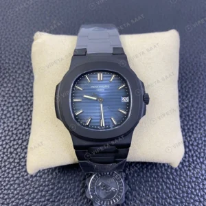 Patek Philippe Nautilus Siyah Kasa Mavi Kadran Siyah Celik Kordon Super Clone Eta Eta Saat karşıdan görünüm