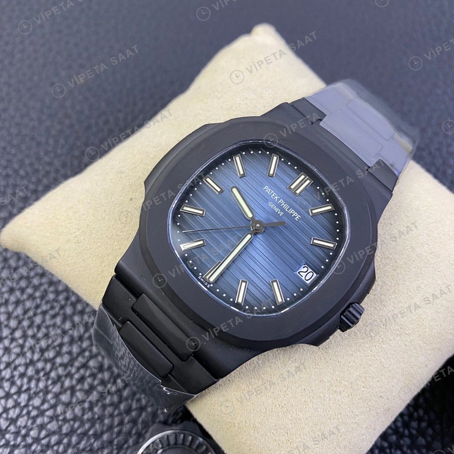 Patek Philippe Nautilus Siyah Kasa Mavi Kadran Siyah Celik Kordon Super Clone Eta Eta Saat detay 5