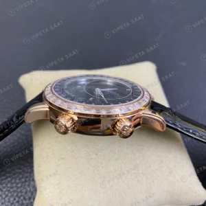 Patek Philippe Sky Moon Celestial Siyah Kadran Rose Kasa Baget Bezel Siyah Deri Super Clone Eta Eta Saat karşıdan görünüm