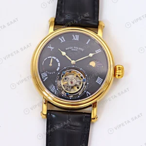 Patek Philippe Tourbillon Gri Kadran Roman Altin Kasa Siyah Deri Kordon Super Clone Eta Eta Saat detay 3