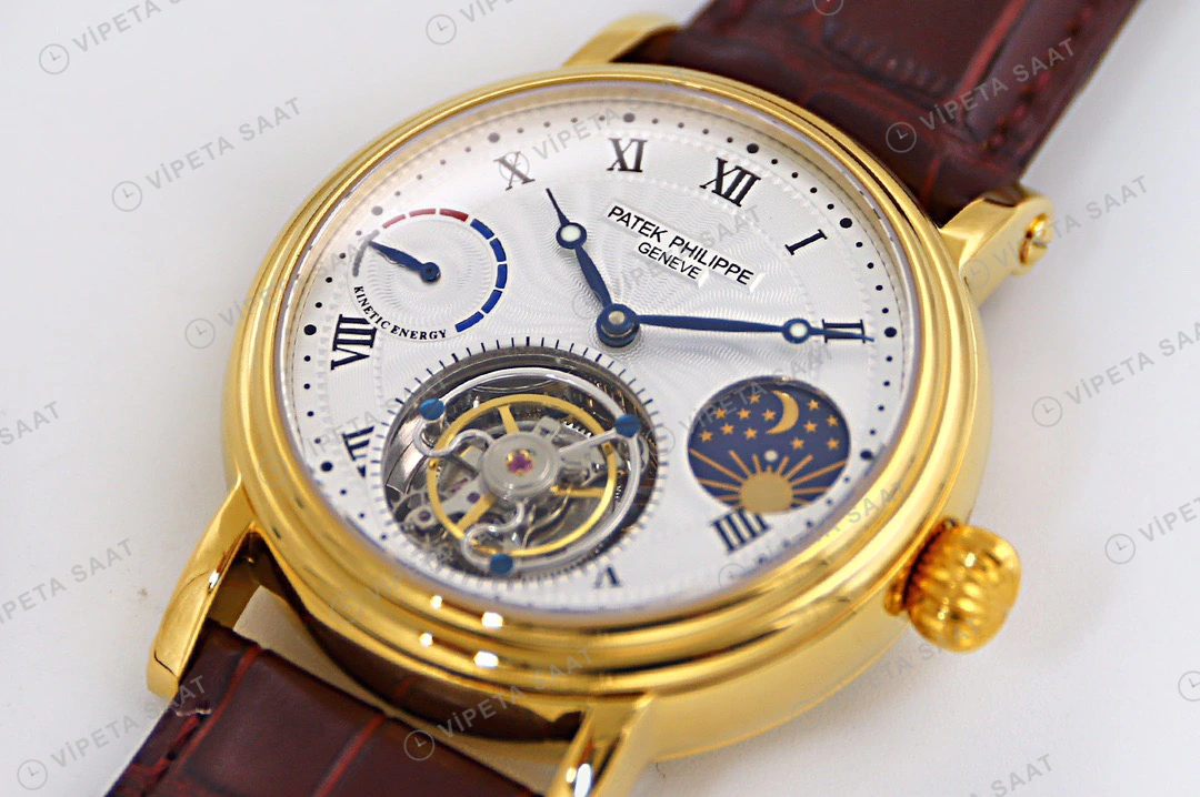 Patek Philippe Tourbillon Gumus Kadran Roman Altin Kasa Kahverengi Deri Kordon Super Clone Eta Eta Saat detay 3