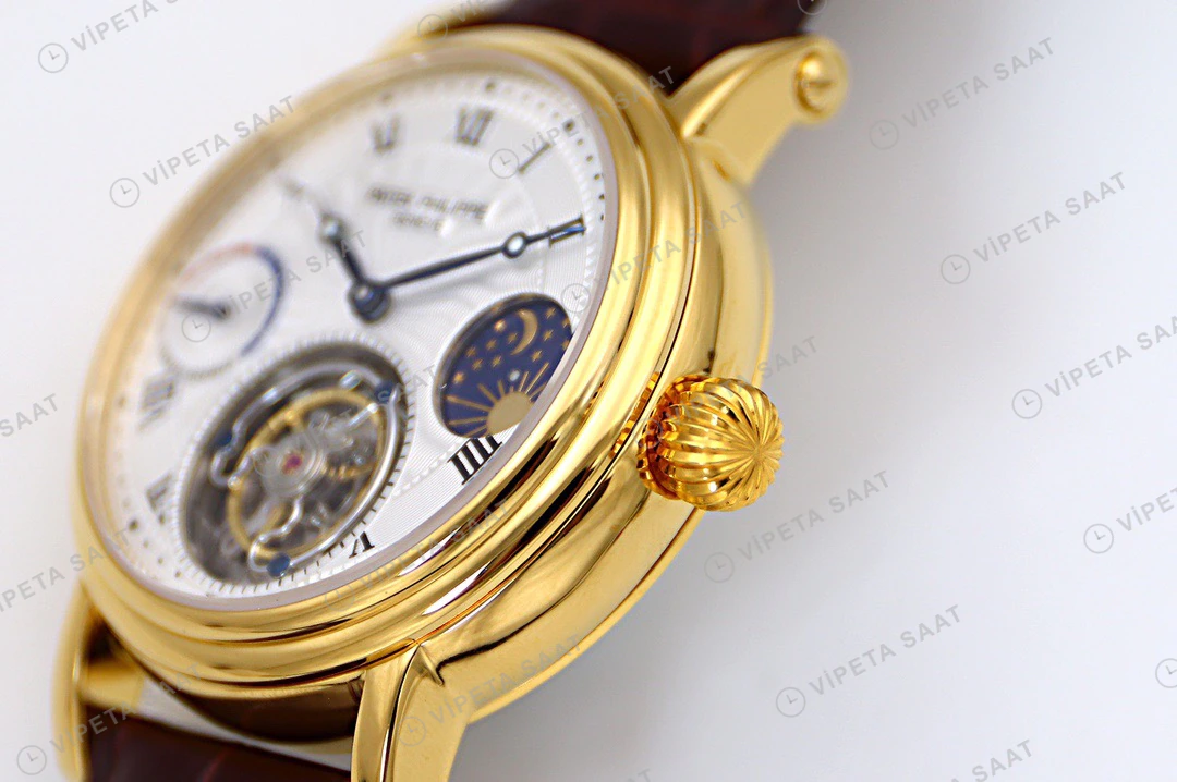 Patek Philippe Tourbillon Gumus Kadran Roman Altin Kasa Kahverengi Deri Kordon Super Clone Eta Eta Saat detay 4
