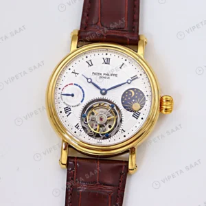 Patek Philippe Tourbillon Gumus Kadran Roman Altin Kasa Kahverengi Deri Kordon Super Clone Eta Eta Saat detay 5
