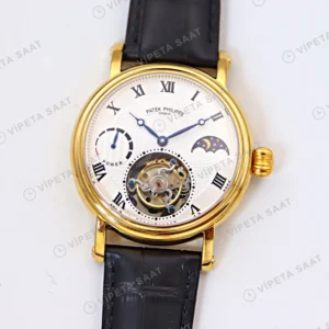 Patek Philippe Tourbillon Gumus Kadran Roman Altin Kasa Siyah Deri Kordon Super Clone Eta Eta Saat detay 4